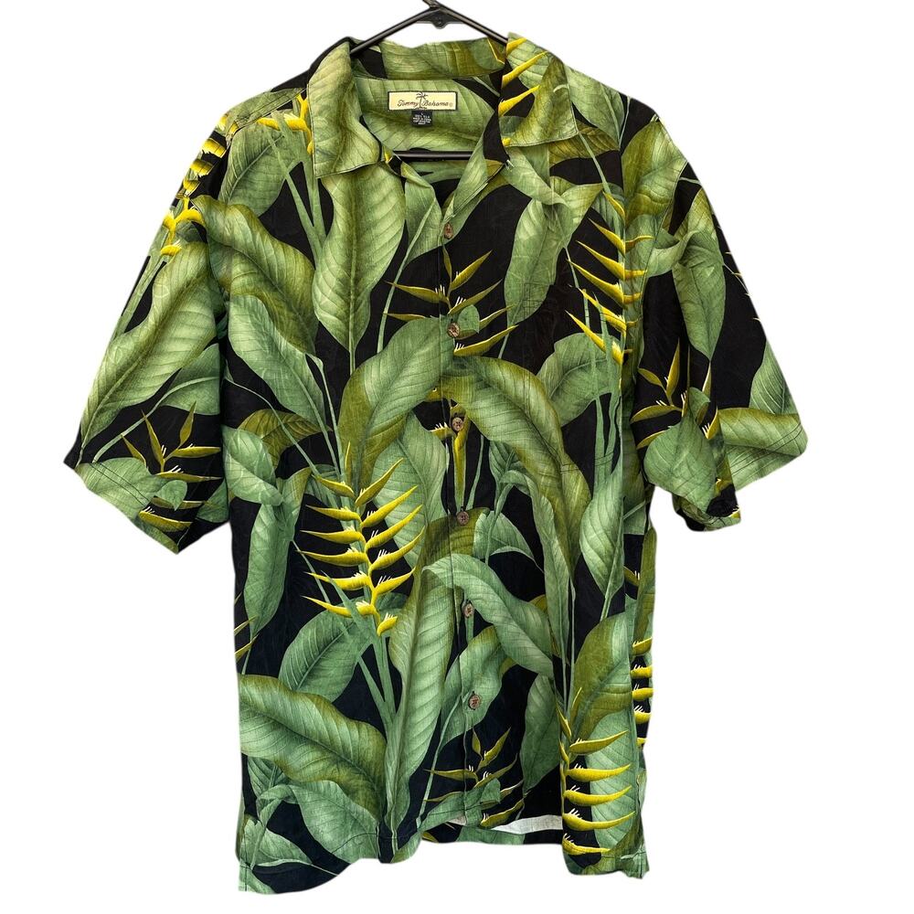 Tommy Bahama Shirt Mens Large Black‎ Green Silk Hawaiian Floral Camp Relax Fit